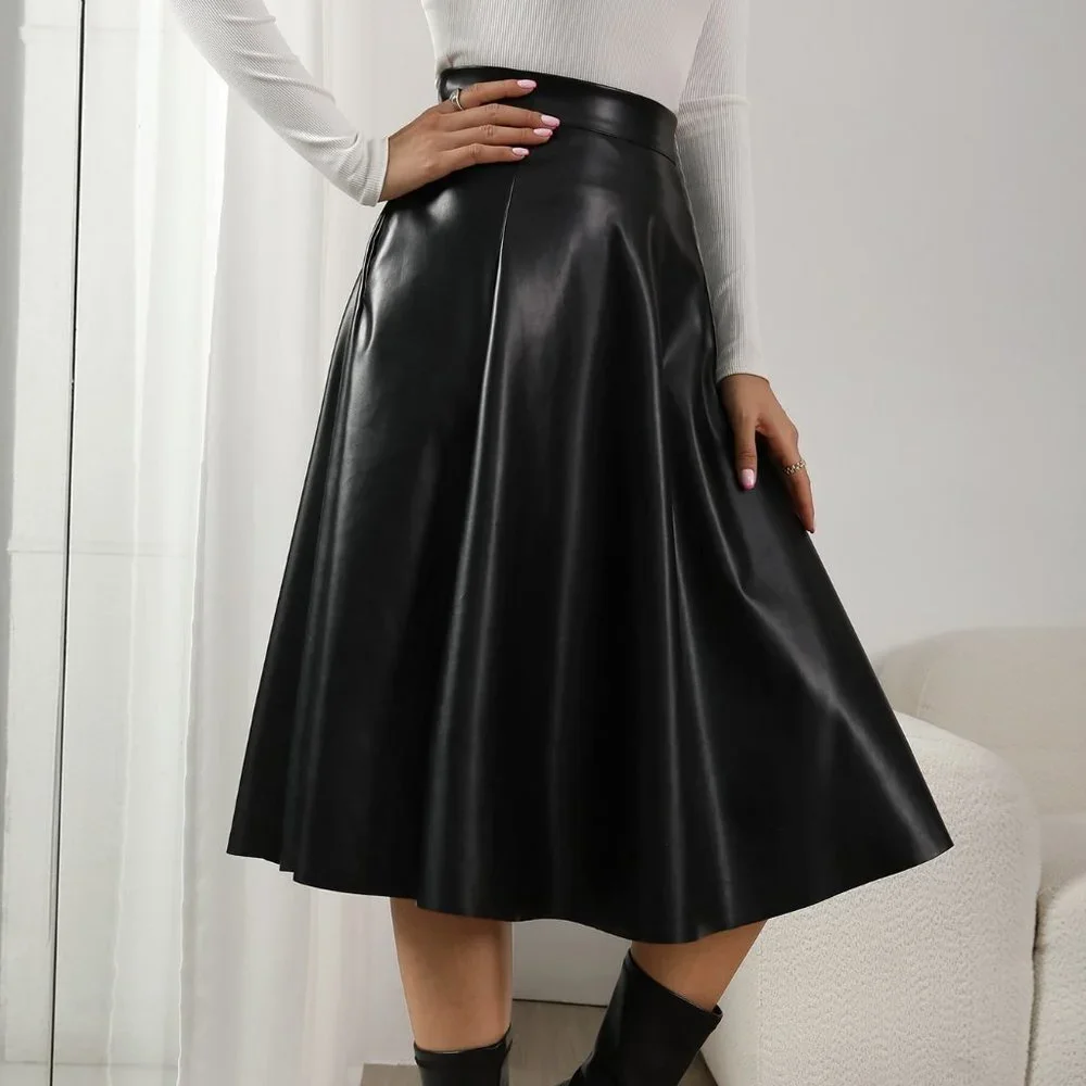 Black Preppy Womens High Waist Slant Pocket PU Skirt - Picture 4 of 5